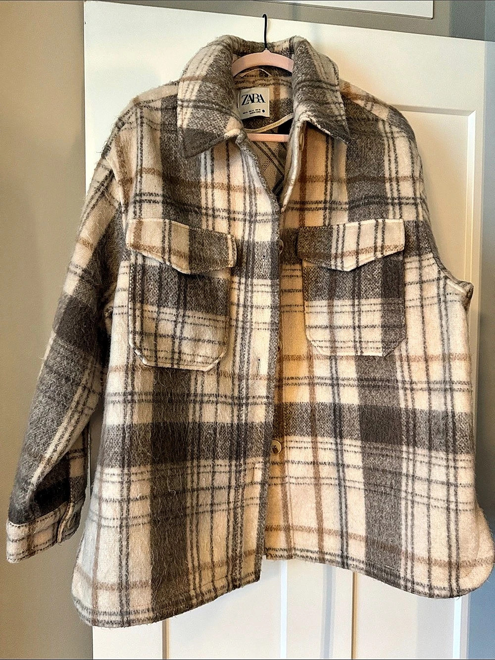 Zara Plaid Wool Blend Overshirt Plaid Shacket Brown & Beige XL